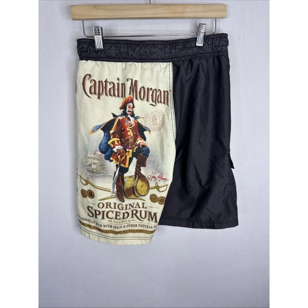 Captain Morgan Spiced Rum Swim‎ Trunks Men’s S Black Graphic Board Shorts